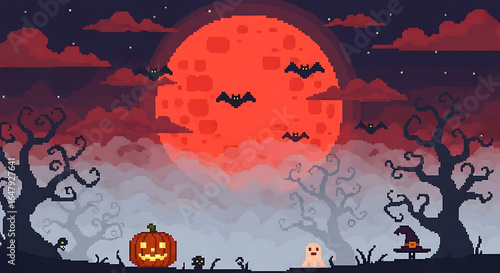 Pixel art halloween scene with red moon, bats, pumpkin, ghost, and witch hat