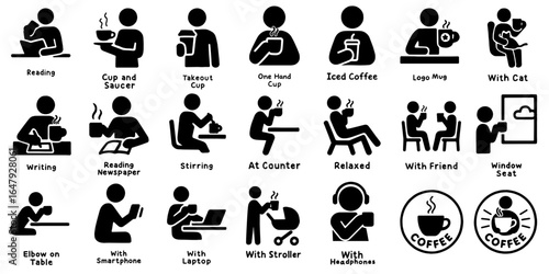 コーヒーを楽しむ人のピクトグラムセット、Coffee Drinking Activity Pictogram Set