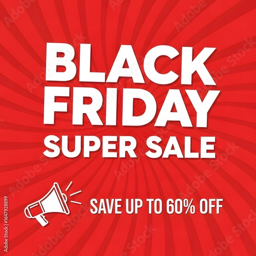Bold black friday super sale announcement featuring a megaphone and savings up to sixty percent off