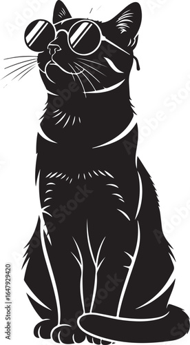 Vector art of a black cat wearing round sunglasses, sitting upright and looking upwards, isolated on white background