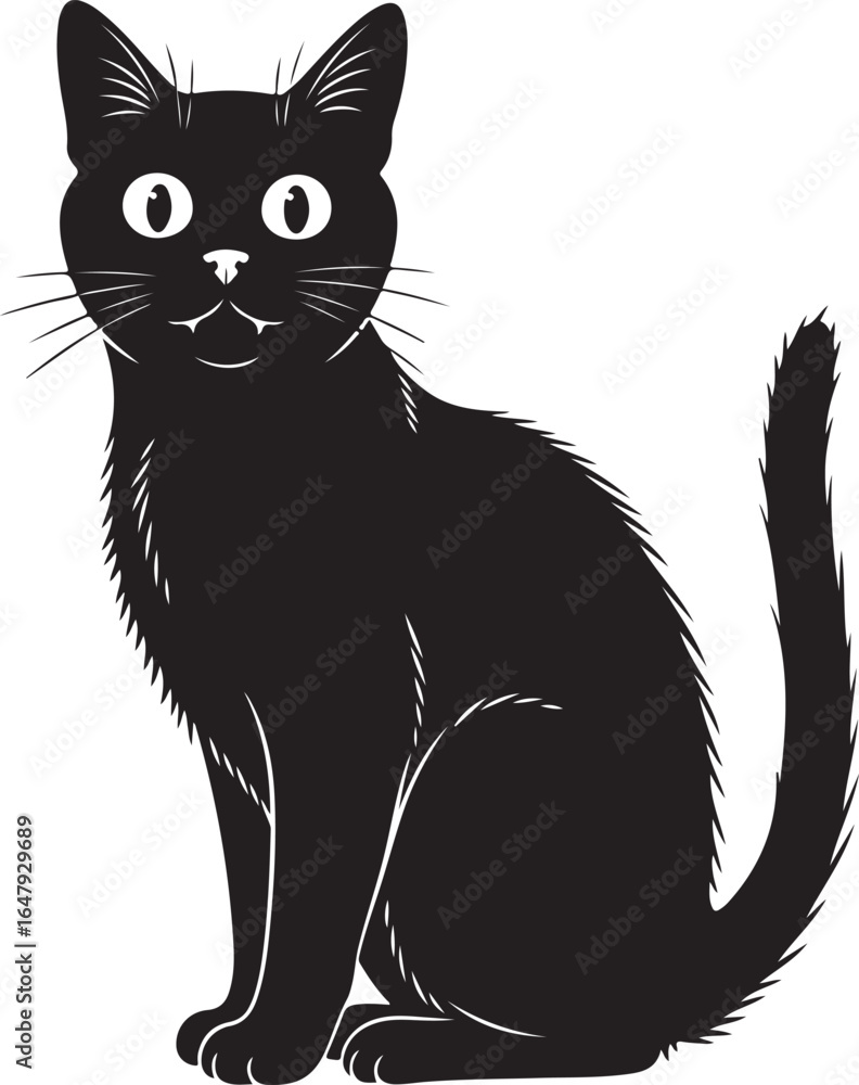 Fototapeta premium Vector art of a cute black cat sitting and looking forward, isolated on white background