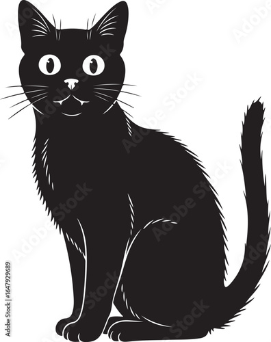 Vector art of a cute black cat sitting and looking forward, isolated on white background