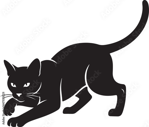 Vector art of a sleek black cat in a stalking pose, captured in a minimalist vector illustration, isolated on white background