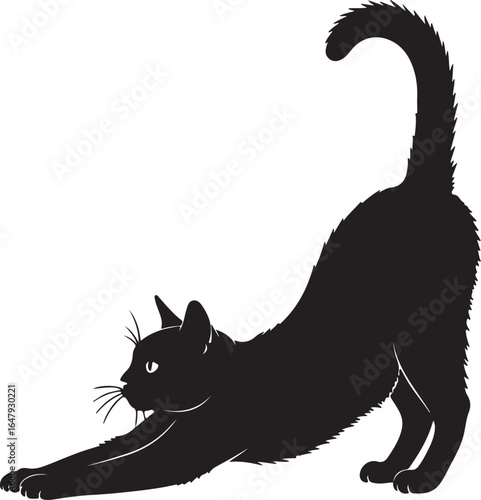 Vector art of a black cat stretching its body in a graceful pose, isolated on white background