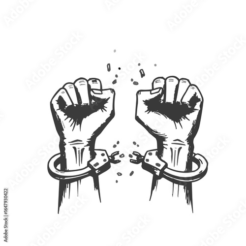 Illustration of two hands breaking free from handcuffs symbolizing freedom and liberation concept on transparent background