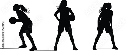 Silhouette of female basketball player in action poses, sports training vector illustration, athletic woman with ball, black and white minimal design