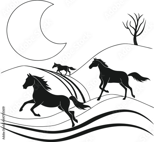 Majestic Horses Galloping Under the Moonlight A Serene and Evocative Black and White Landscape Illustration