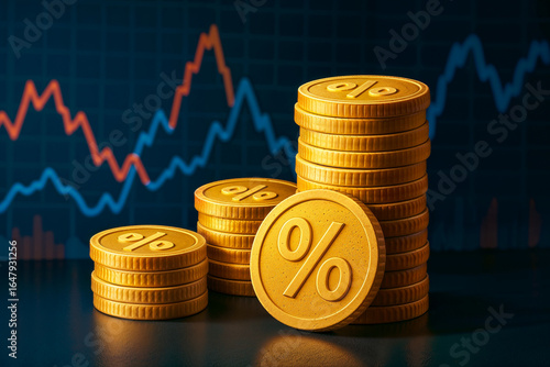 Golden Coins with Percentage Symbols and Financial Chart – Investment and Interest Rate Concept Illustration