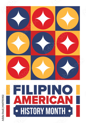Filipino American History Month. Happy holiday celebrate annual in October. Filipinos and United States flag. Culture month. Patriotic design. Poster, card, banner, template. Vector illustration
