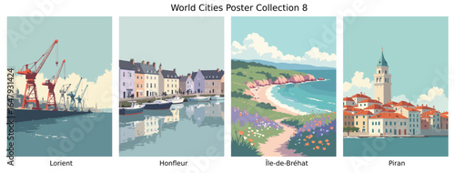Lorient , Honfleur , Île-de-Bréhat , Piran  ci Flat Vector Poster Collection