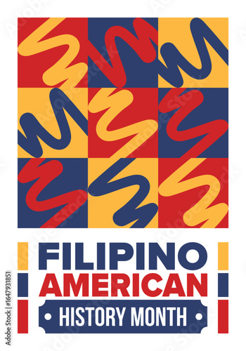 Filipino American History Month. Happy holiday celebrate annual in October. Filipinos and United States flag. Culture month. Patriotic design. Poster, card, banner, template. Vector illustration