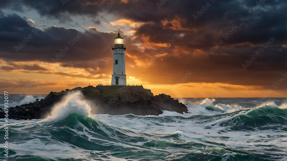 Fototapeta premium Photograph featuring a tall, spiral-striped lighthouse on the left side, illuminated at the top with a bright light.