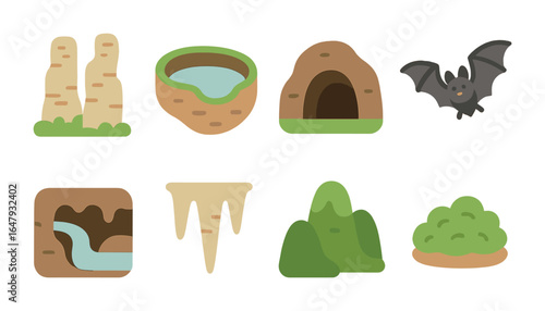 Karst Landscape Icons. Flat vector mini-illustrations Karst landscape biomes in colors children's