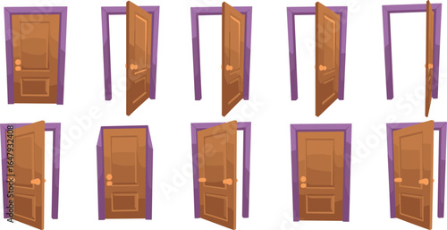 Silhouette vector illustration of wooden door with purple frame, various open and closed positions, perfect for animation, design projects, architectural presentations, educational visuals