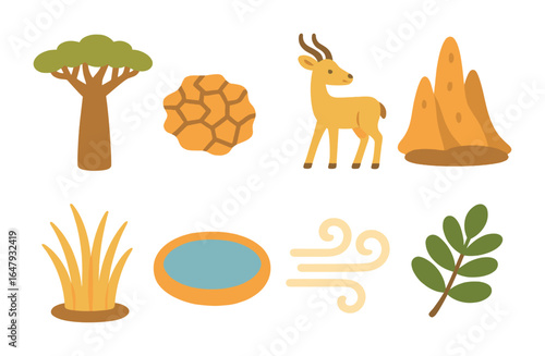 Savanna Icons for Kids. Flat vector mini-illustrations Savanna dry-season biomes in colors children's