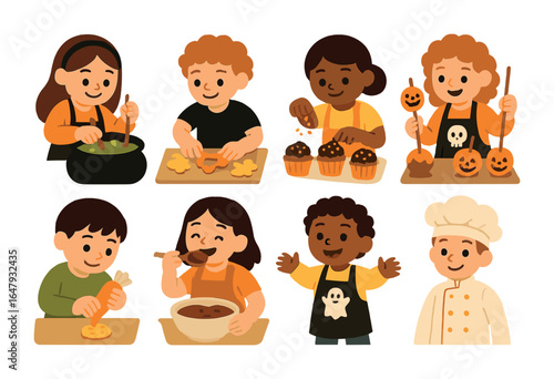 Halloween Treats Fun. Flat vector mini-illustrations Kids making Halloween treats in colors children's