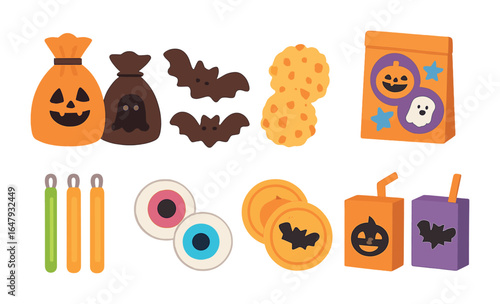 Trick-or-Treat Goodies. Flat vector mini-illustrations Trick-or-treating goodies in colors children's
