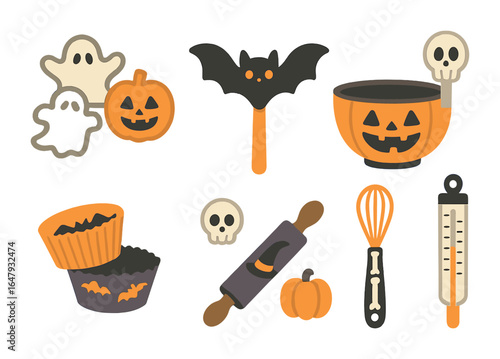 Halloween Baking Tools. Flat vector mini-illustrations Halloween baking tools in colors children's