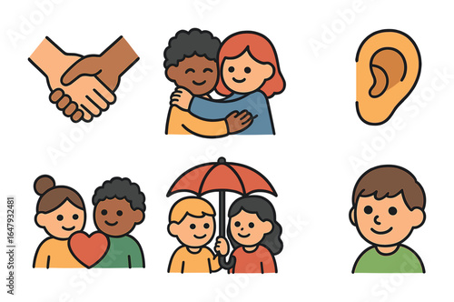 Empathy Icons Grid. Flat vector mini-illustrations Strengthening interpersonal connections through empathy in