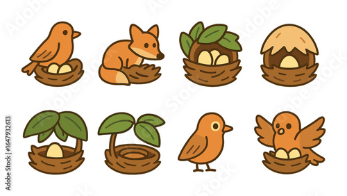 Bird Nest Protection. Flat vector mini-illustrations Bird nest protection in colors children's illustrations: