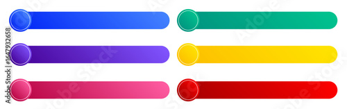 Pack of six gradient lower third strips with rounded rectangles and circular ends. Features blue, green, purple, yellow, red, and pink gradients. Soft, modern style ideal for smooth video titles.