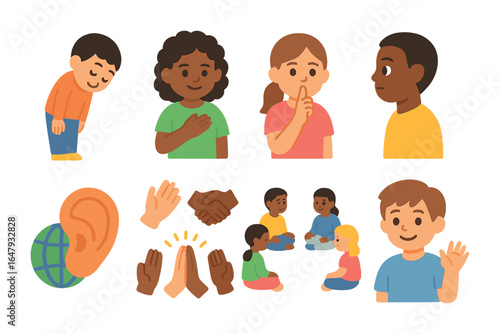 Listening Cultural Icons. Flat vector mini-illustrations Cultural expressions of listening in colors