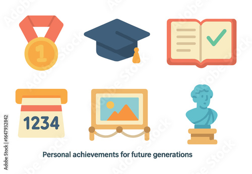Future Achievement Icons. Flat vector mini-illustrations Personal achievements for future generations in