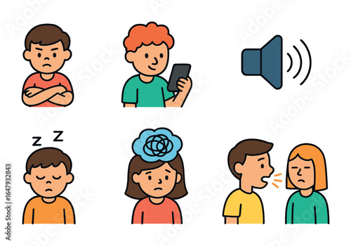 Listening Barriers Icons. Flat vector mini-illustrations Barriers to effective listening in colors children's