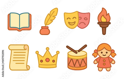 Storytelling Icons Grid. Flat vector mini-illustrations symbols of storytelling in colors children's
