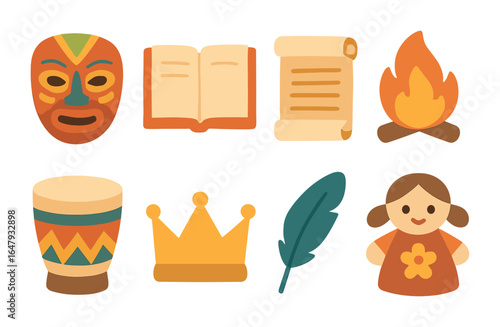 Global Storytelling Icons. Flat vector mini-illustrations global storytelling traditions in colors children's