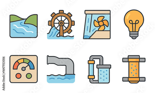Water Power Icons. Flat vector mini-illustrations water current power in colors children's illustrations: