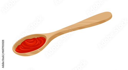 Red tomato sauce in wooden spoon isolated on white background. Vector cartoon flat illustration.