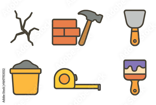 Colorful Repair Icons. Flat vector mini-illustrations wall crack in colors children's illustrations: crack in