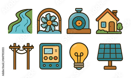 Rural Hydro Solutions Icons. Flat vector mini-illustrations rural hydro solutions in colors children's