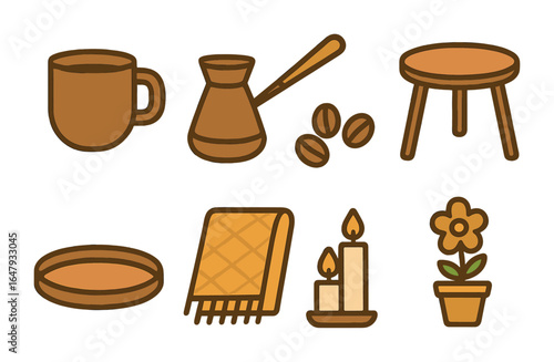 Cozy Coffee Icons. Flat vector mini-illustrations coffee corner moments in colors children's illustrations: