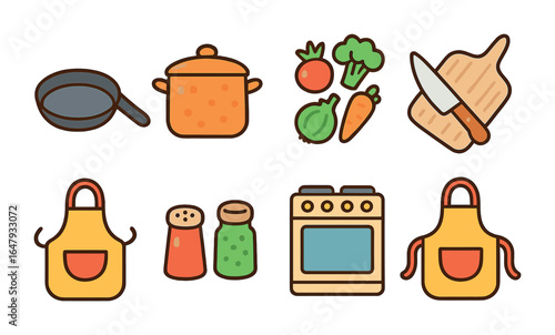 Colorful Cooking Icons. Flat vector mini-illustrations cooking day at home in colors children's illustrations: