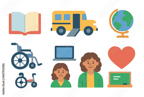 Inclusive Education Icons. Flat vector mini-illustrations inclusive education in colors children's