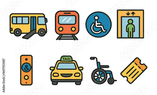 Accessible Transport Icons. Flat vector mini-illustrations transportation accessibility in colors children's
