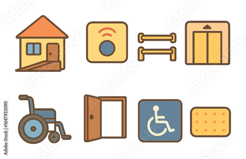 Accessible Housing Icons. Flat vector mini-illustrations accessible housing in colors children's illustrations