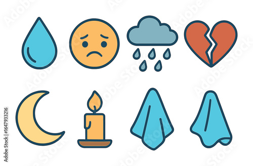 Sadness Triggers Icons. Flat vector mini-illustrations sadness triggers in colors children's illustrations: