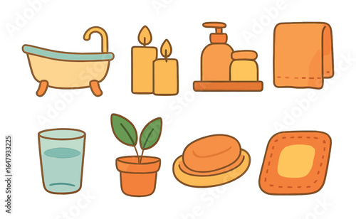 Children's Bath Essentials Icons. Flat vector mini-illustrations freestanding tub essentials in colors