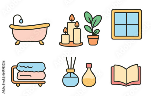Luxury Bath Icons. Flat vector mini-illustrations of a freestanding bath tub in a luxury bathroom with candles