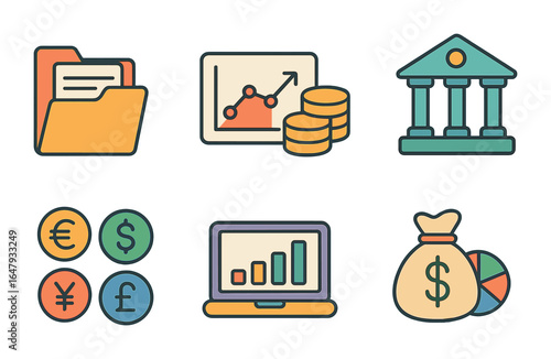 Colorful Finance Icons. Flat vector mini-illustrations portfolio diversification in colors children's