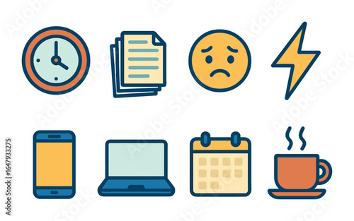 Stress Triggers Icons. Flat vector mini-illustrations stress triggers in colors children's illustrations: