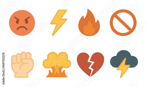 Anger Icons Grid. Flat vector mini-illustrations anger triggers in colors children's illustrations: angry face