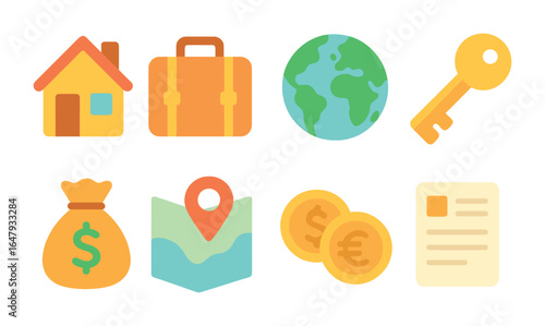 Real Estate Icons. Flat vector mini-illustrations real estate investment abroad in colors children's