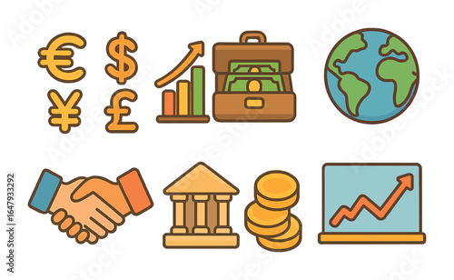 Global Finance Icons. Flat vector mini-illustrations global financial exchange in colors children's