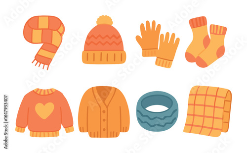 Cozy Knitwear Grid. Flat vector mini-illustrations cozy knitwear in colors children's illustrations: knitted