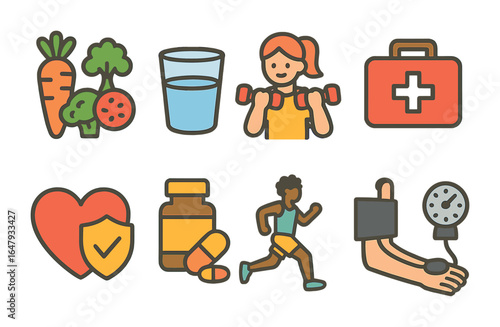 Heart Health Essentials. Flat vector mini-illustrations heart disease prevention in colors children's