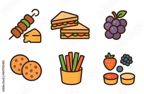 Children's Picnic Foods. Flat vector mini-illustrations outdoor picnic foods in colors children's